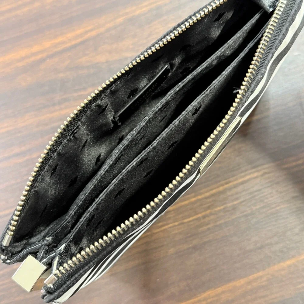 Kate Spade New York Striped Nylon Cosmetic Pouch Clutch Bag Black White Zip
